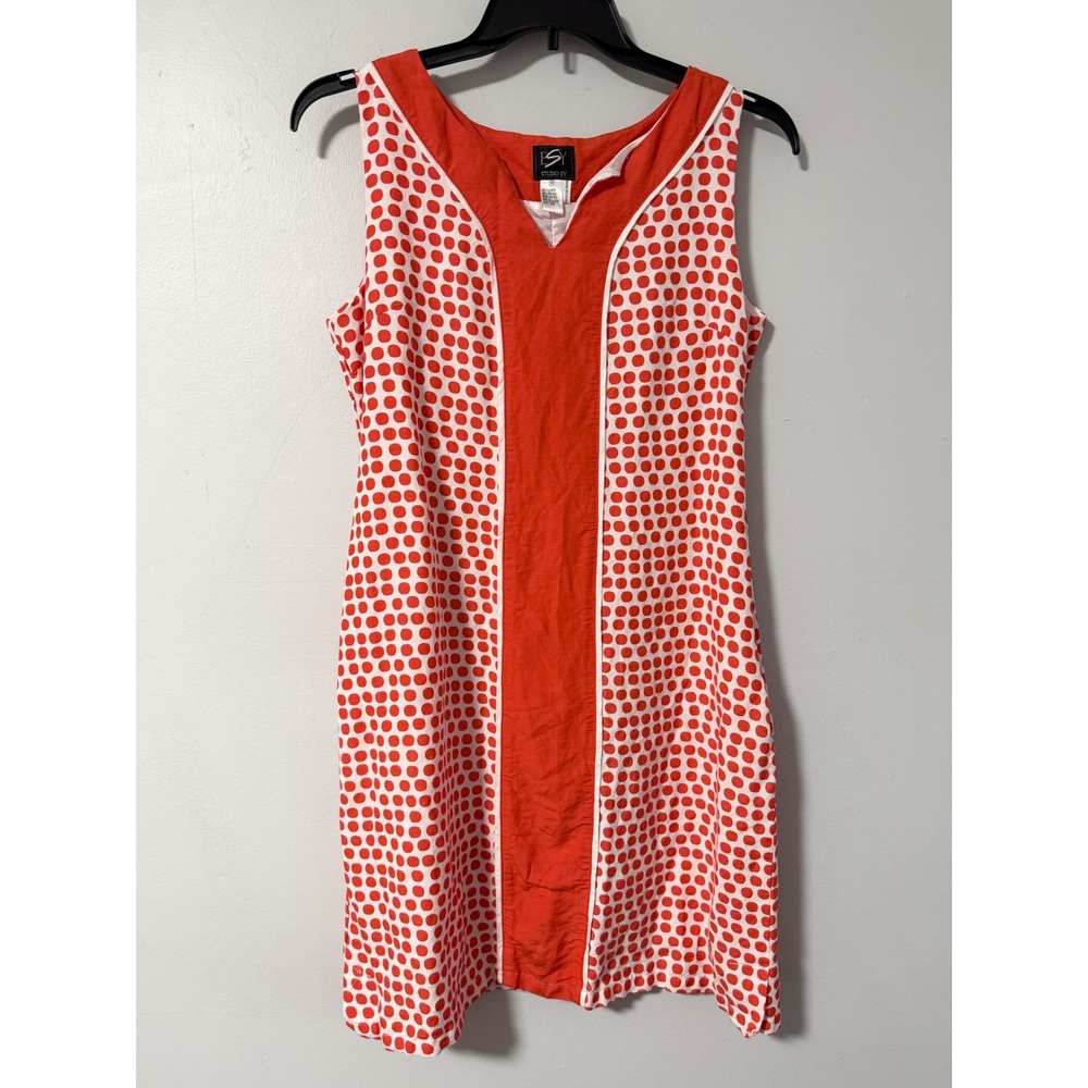 Studio ESY Womens Orange White Polka Dot Linen Blend Sleeveless Shift Dress M‎